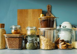 Kitchen with mason jars to store eco-friendly food.