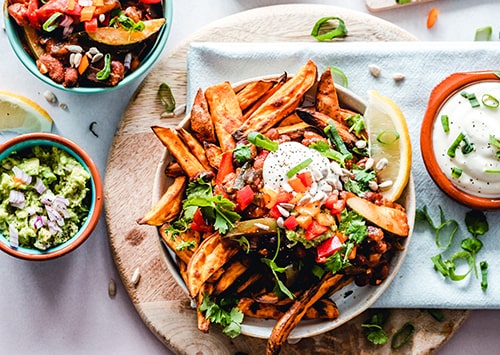 Vegan meal with sweet potatoes.